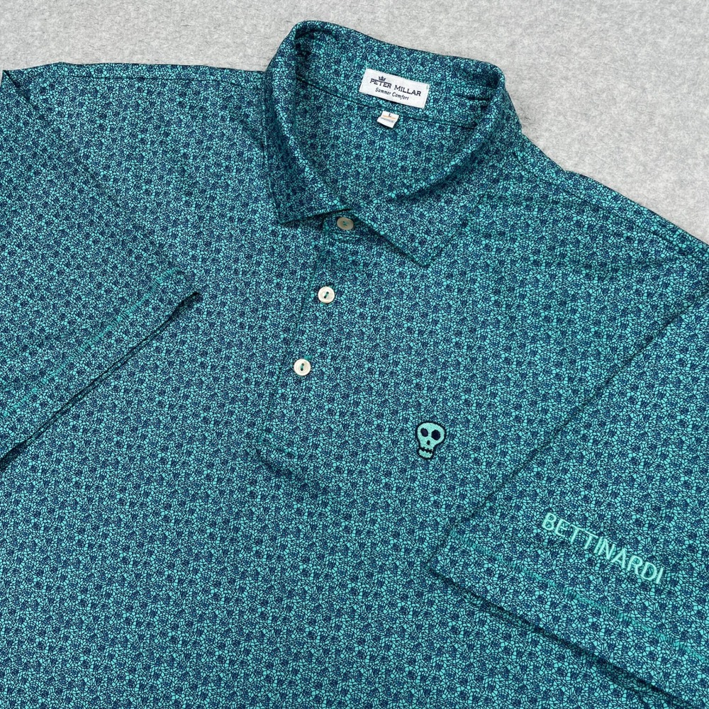 Peter Millar Summer Comfort Polo Shirt Mens Large Teal Bettinardi Golf Skull